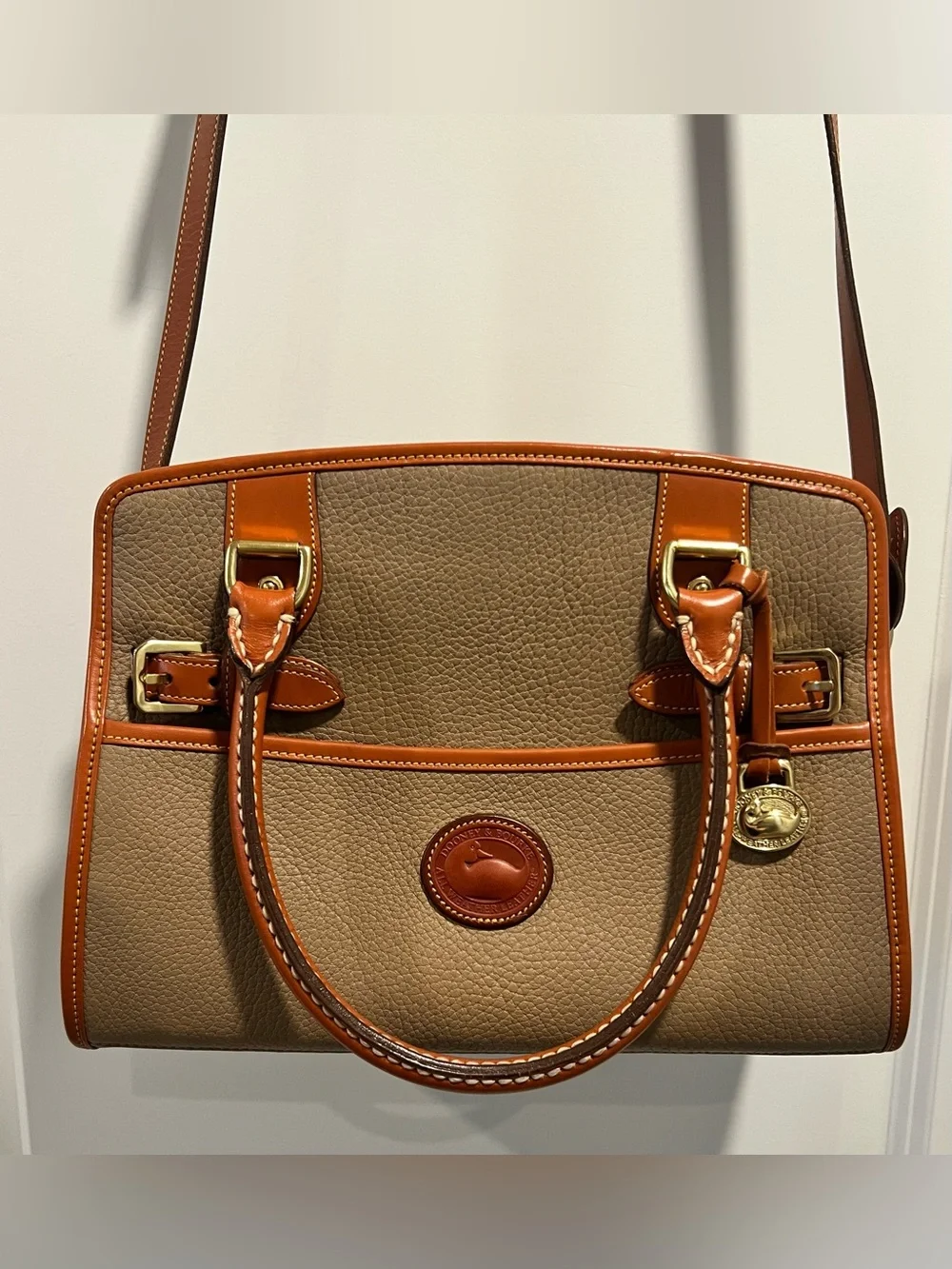 Vintage Dooney & Bourke All-Weather Leather (AWL) Buckle Satchel in Taupe